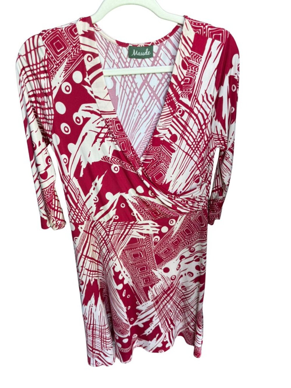 Maude Pink White Abstract Wrap Dress 3/4 Sleeve Stretch Jersey Faux Wrap Midi L